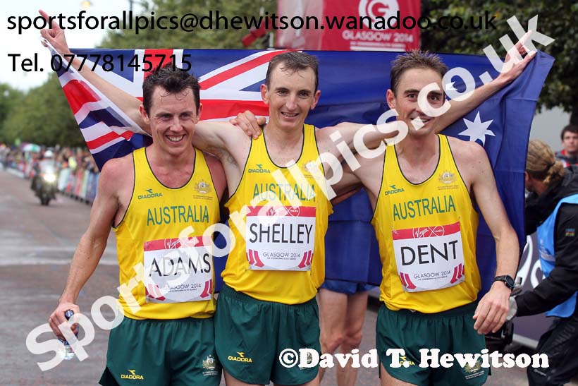 Martin Dent, winner Michael Shelley and Liam Adams (Australia) in the mens Commonwealth Games Marathon, Glasgow. Photo: David T. Hewitson/Sports for All Pics